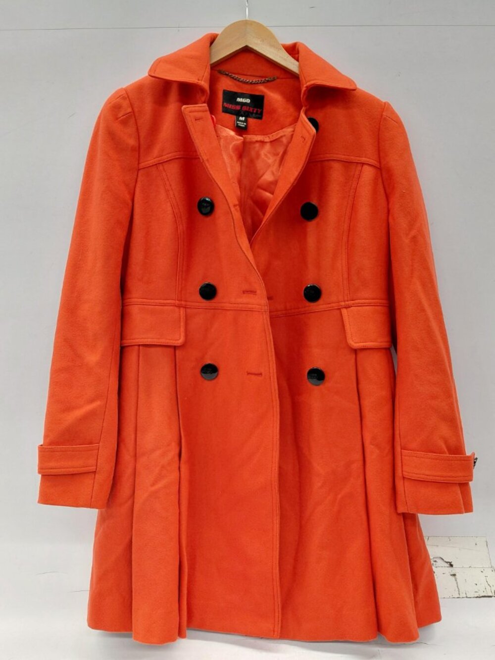 Vintage Y2K Miss Sixty Orange Double Breasted Wool Blend Coat Ruffle Back M EUC